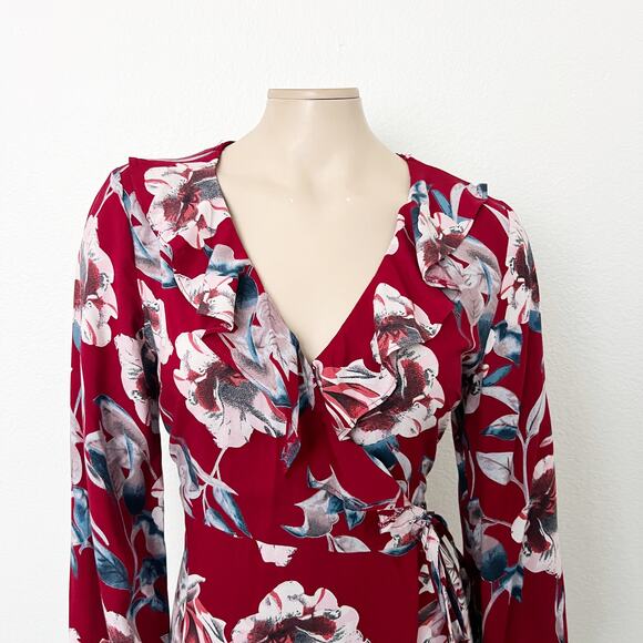 [ModCloth] Sunny Girl Red Floral Print Long Sleeve V-Neck Wrap Midi Dress Sz 10 - Picture 3 of 10